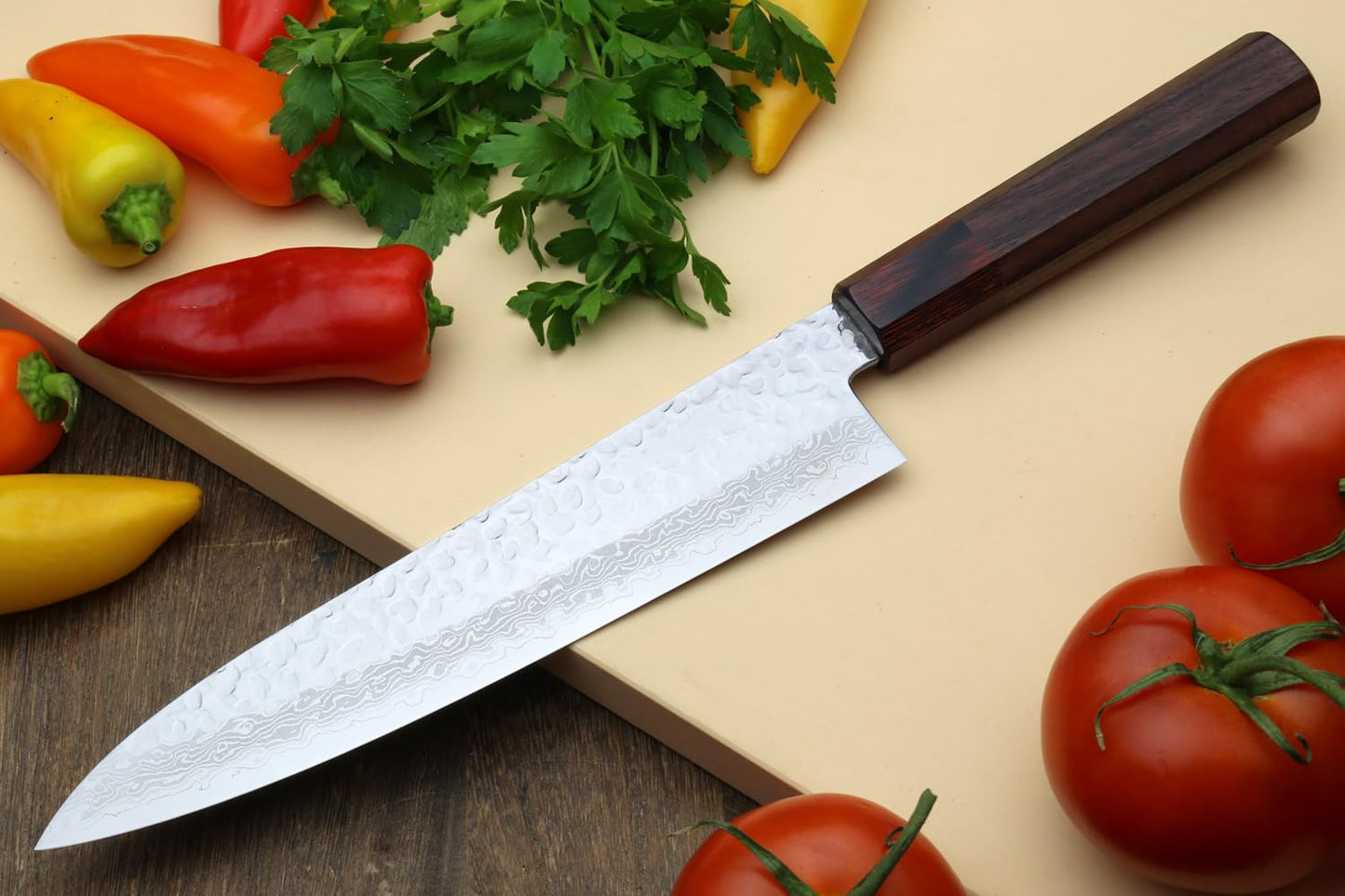Yoshihiro VG10 46 Layers Hammered Damascus Gyuto Japanese Chefs Knife (Octagonal Shitan Rosewood Handle) (7" (180mm))