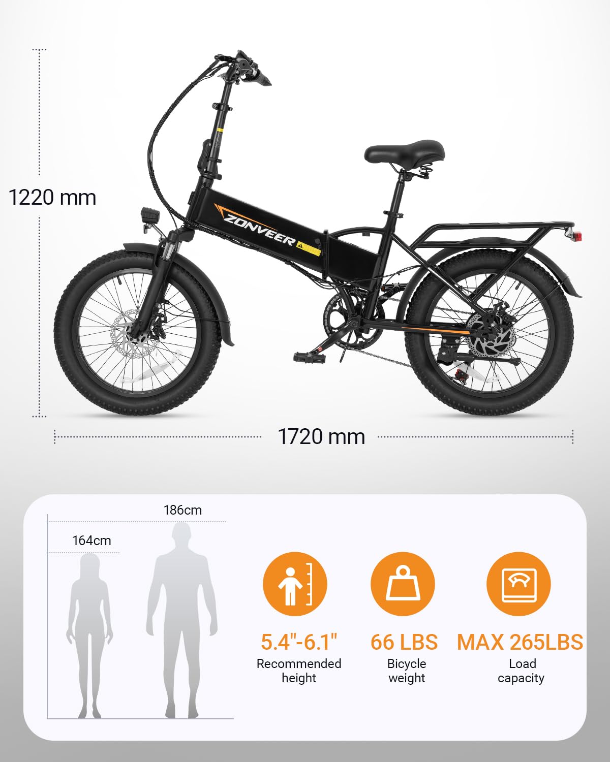zonveer Folding Electric Bike, 48V 10.4AH Large Removable Battery E Bike, 28 MPH, 50 Miles Max Range, 20" Fat Tire Electric Bike for Adults, Adult Electric Bicycles for Commute