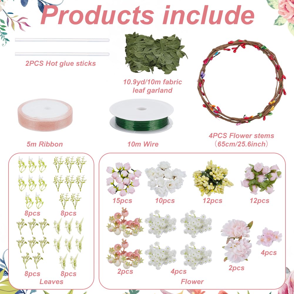 ACRNIGHEET 4 Sets DIY Flower Crown Kit, White and Pink Floral Crown Craft Kit, Make Your Own Flower Crown Headband Handmade, Floral Bridal Headpiece Hair Accessories for Wedding Birthday Party Prop