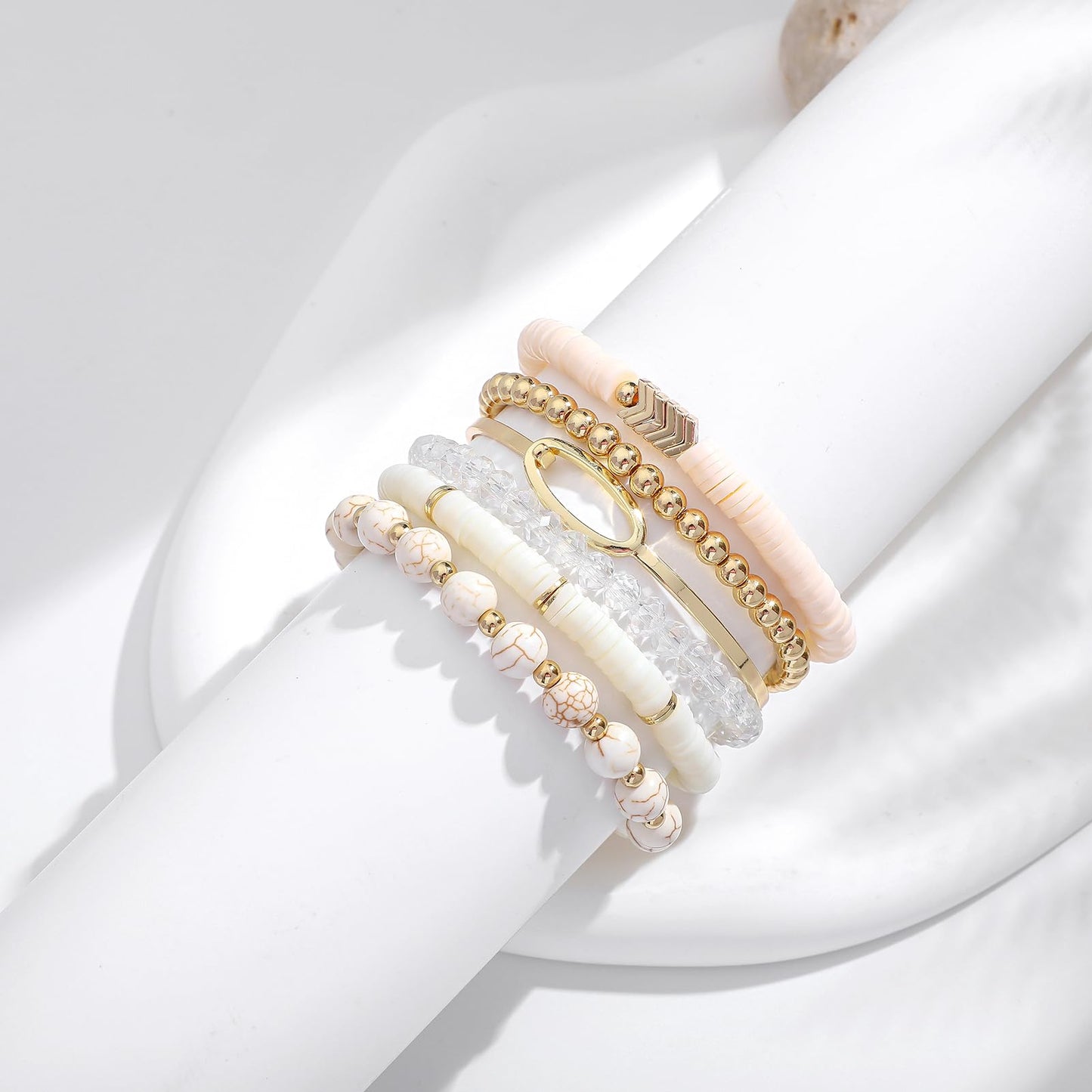 GOOJIDS Surfer Heishi Clay Bead Bracelets for Women Bohemian Stackable Gold Beaded Stretch Bracelets Elastic Layering Friendship Bracelets Set Boho Jewelry