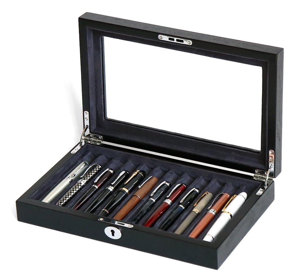 Besforu 12-Slot Fountain Pen Collector Case – Lockable Wooden Organizer with Glass Display Top, Premium Storage Box for Writing Instruments and Gift for Men