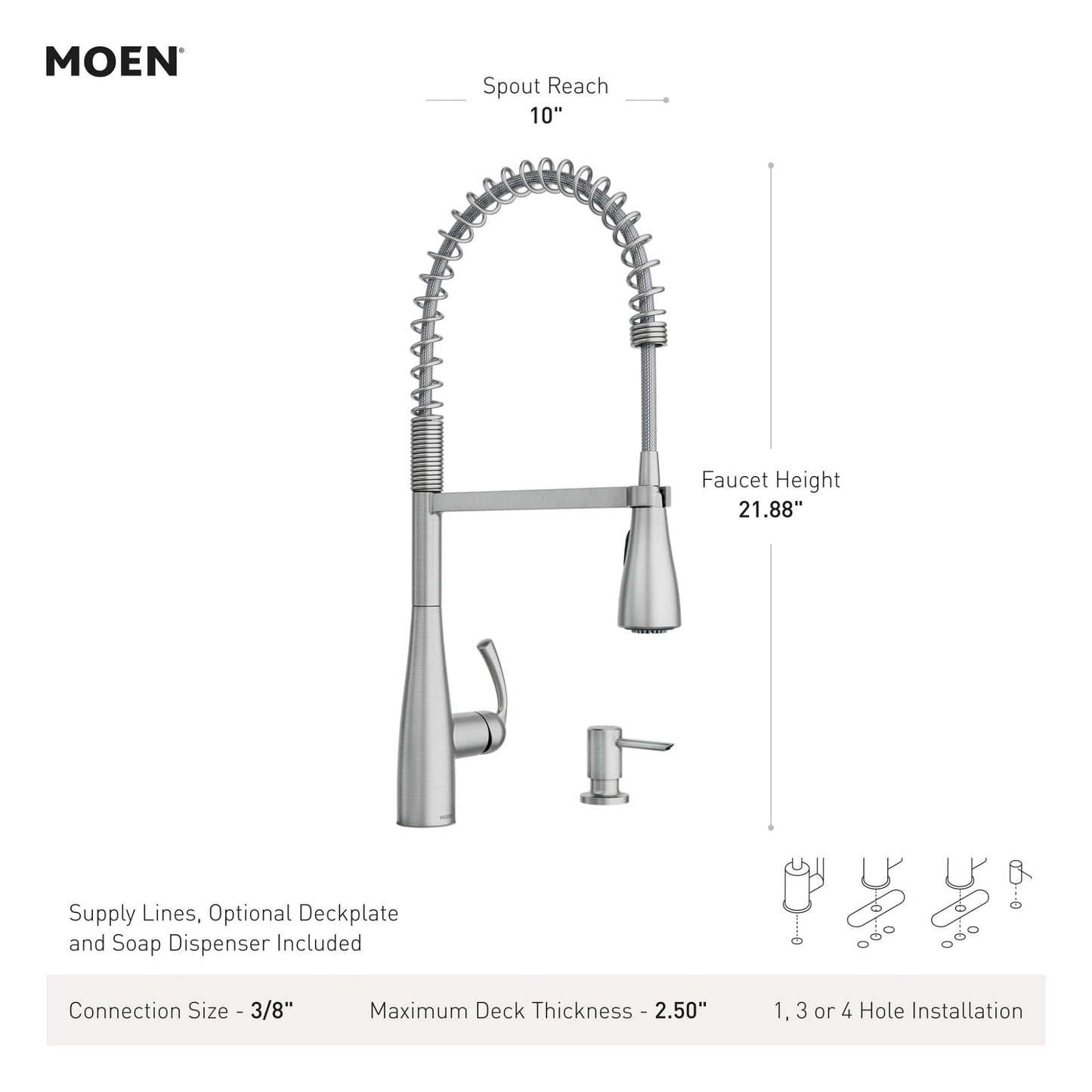 Moen Essie Spot Resist Stainless One-Handle High Arc Pre-Rinse Spring Pulldown Kitchen Faucet with Power Clean and Soap Dispenser, 87814SRS