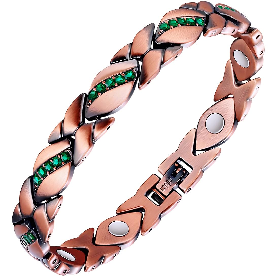 SCVIYRUN - Magnetic Copper Bracelets for Women - 99.99% Pure Copper Effective Magnetic Bracelets and easy 2 links for Mother (copper—Grandmother's green stone)