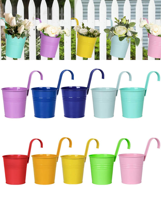 6 Inch Railing Planter for Outdoor Plants - 10 Pack Small Balcony Hanging Flower Pots with Detachable Hooks and Drain Holes Metal Oval Bucket Rail Box Fence Planters for Home Garden Decor, Multicolor