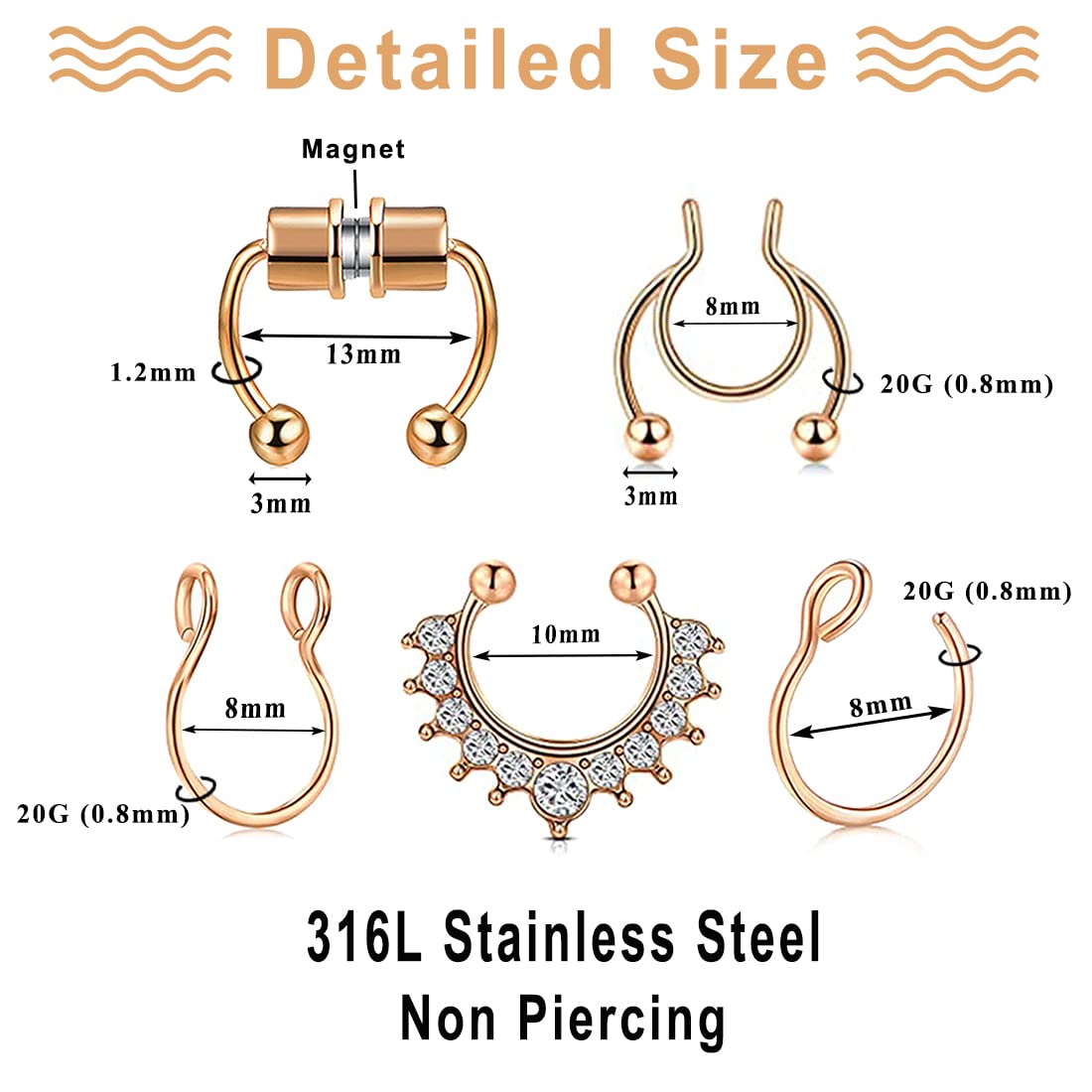 VitaCool Magnetic Septum Nose Ring Fake Septum Fake Nose Rings Magnet 20G Stainless Steel Horseshoe Faux Non Piercing Hoop Jewelry for Women Men (T20-Piece set)