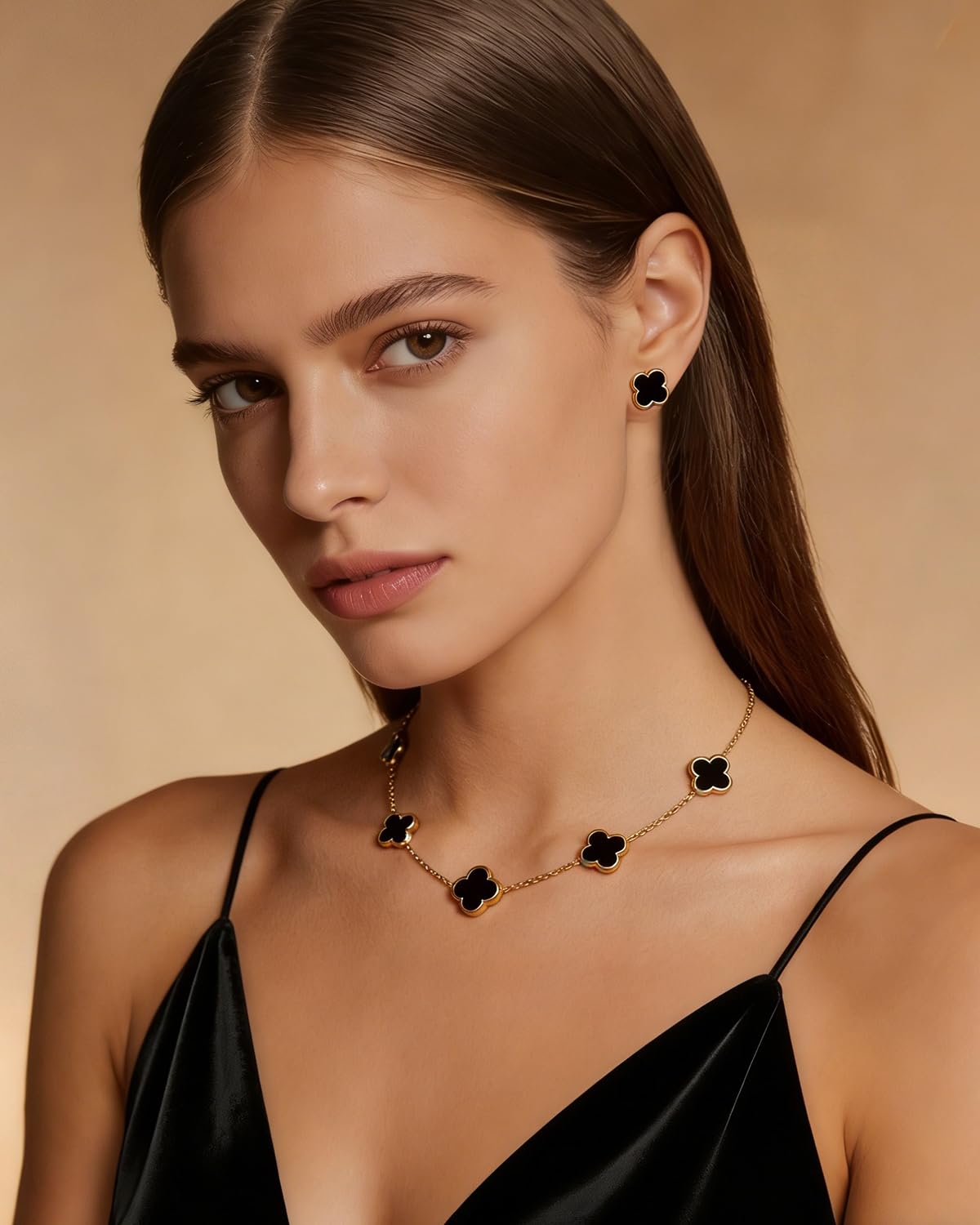 Aimétte Monette 18K Gold Plated Jewelry Set, Clover Necklace Stud Earrings for Women Hypoallergenic Black Lucky Clover Pendant Necklace Gifts for Women Trendy