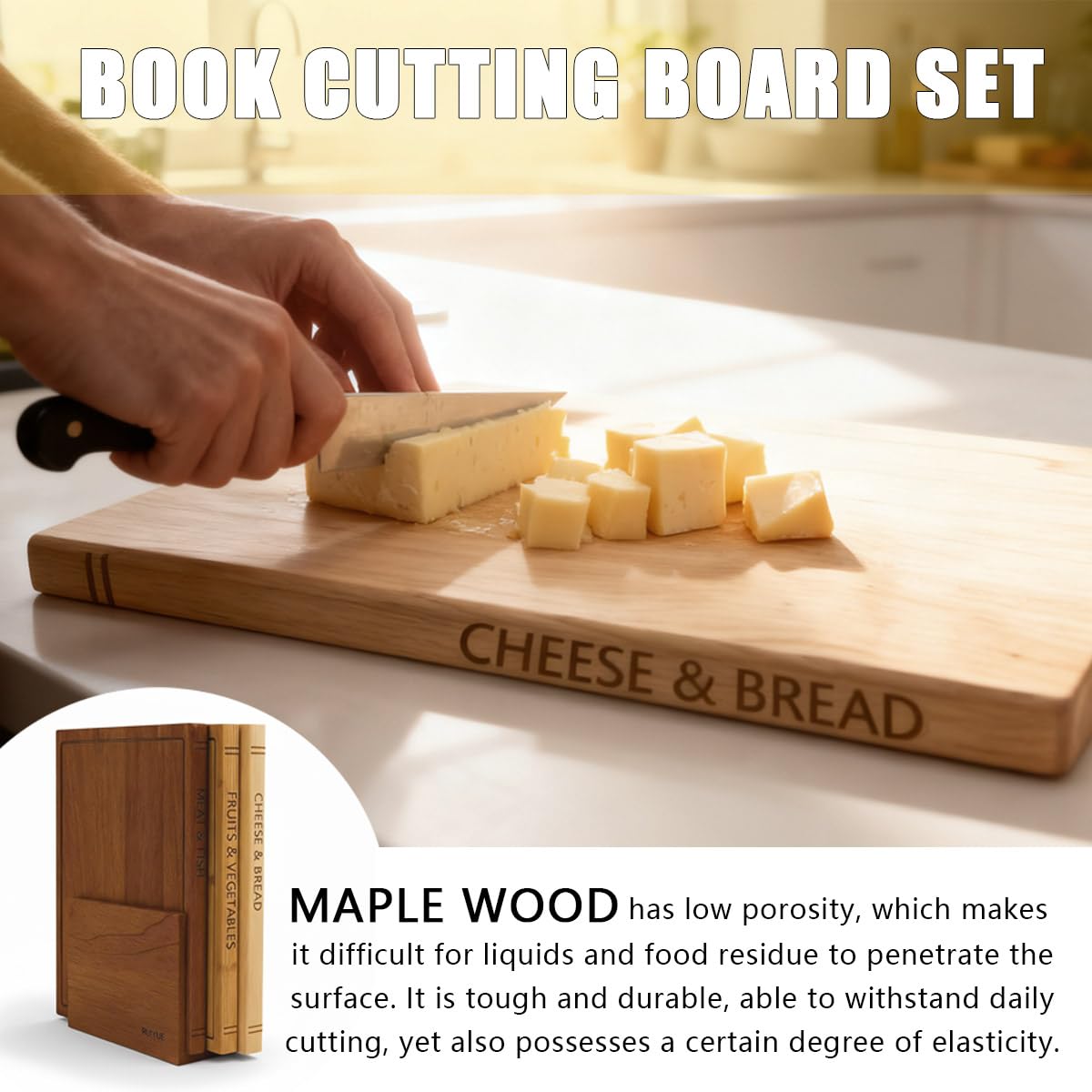 Book Shaped Cutting Board Set with Walnut Stand, 3 PCS Wooden Cutting Boards (13"x10"), Maple Sapele & Bamboo Charcuterie Serving Boards, Decorative Kitchen Decor Gift for Housewarming (1Set)