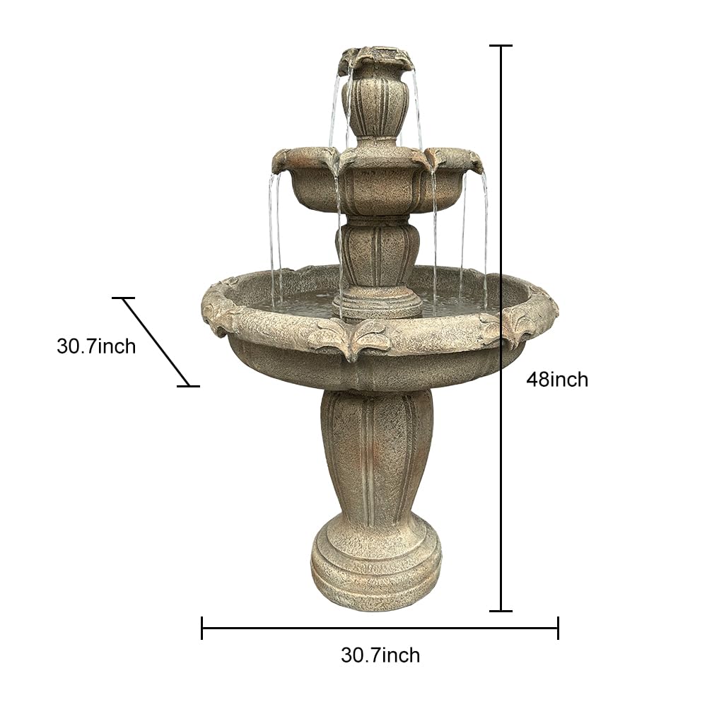 SunJet 48” High Modern Concrete Outdoor Water Fountain - 3 Tiered Large Floor Water Fountain and Waterfalls with Electric Pump for Garden, Patio, Yard, and Deck Decor, Featuring Natural Stone Look