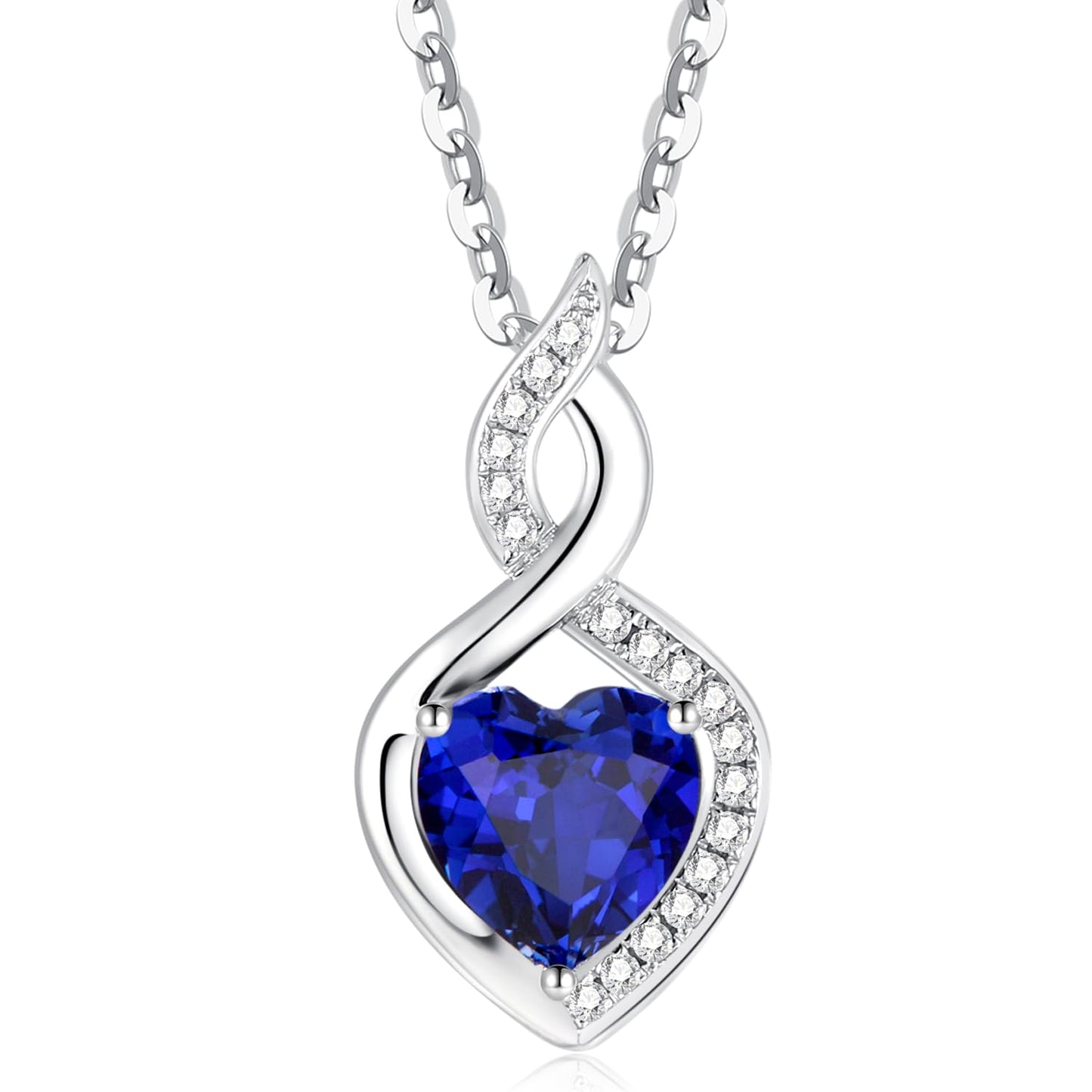 FANCIME Sapphire Necklace 14K Solid White Gold Heart Pendant with Diamond September Birthstone Necklace Jewelry Gifts for Mom Women