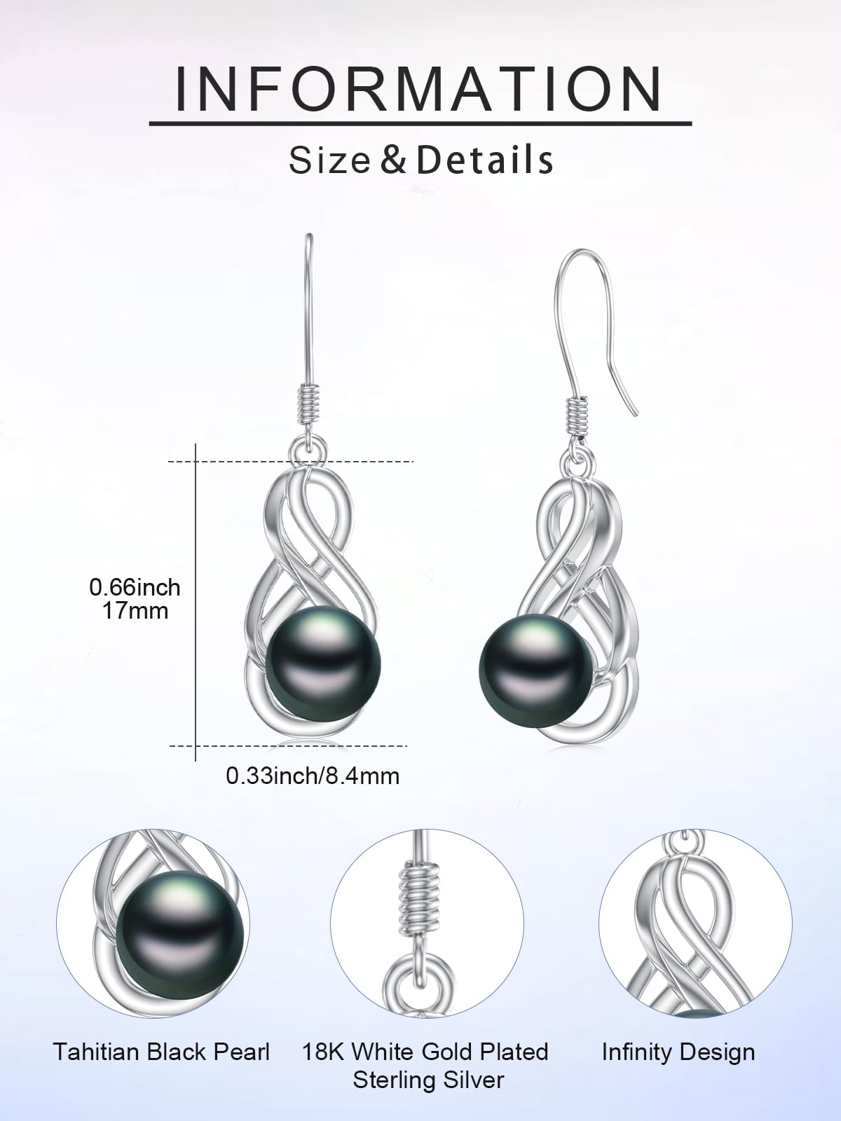 KANNSOAR 7MM Tahitian Black Pearl Dangle Drop Earrings, 18K White Gold Plated Sterling Silver Everyday Infinity Earrings for Women Wife Girlfriend Jewelry Gift for Anniversary Birthday Christmas