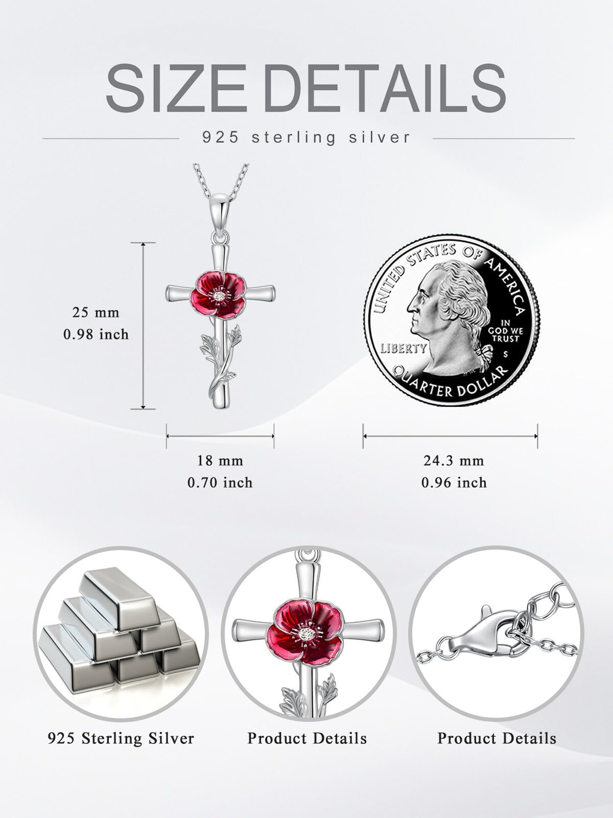 Cargari Red Poppy Flower Cross Necklace 925 Sterling Silver Poppy Cross Pendant Necklace Religious Floral Jewelry Gift for Women