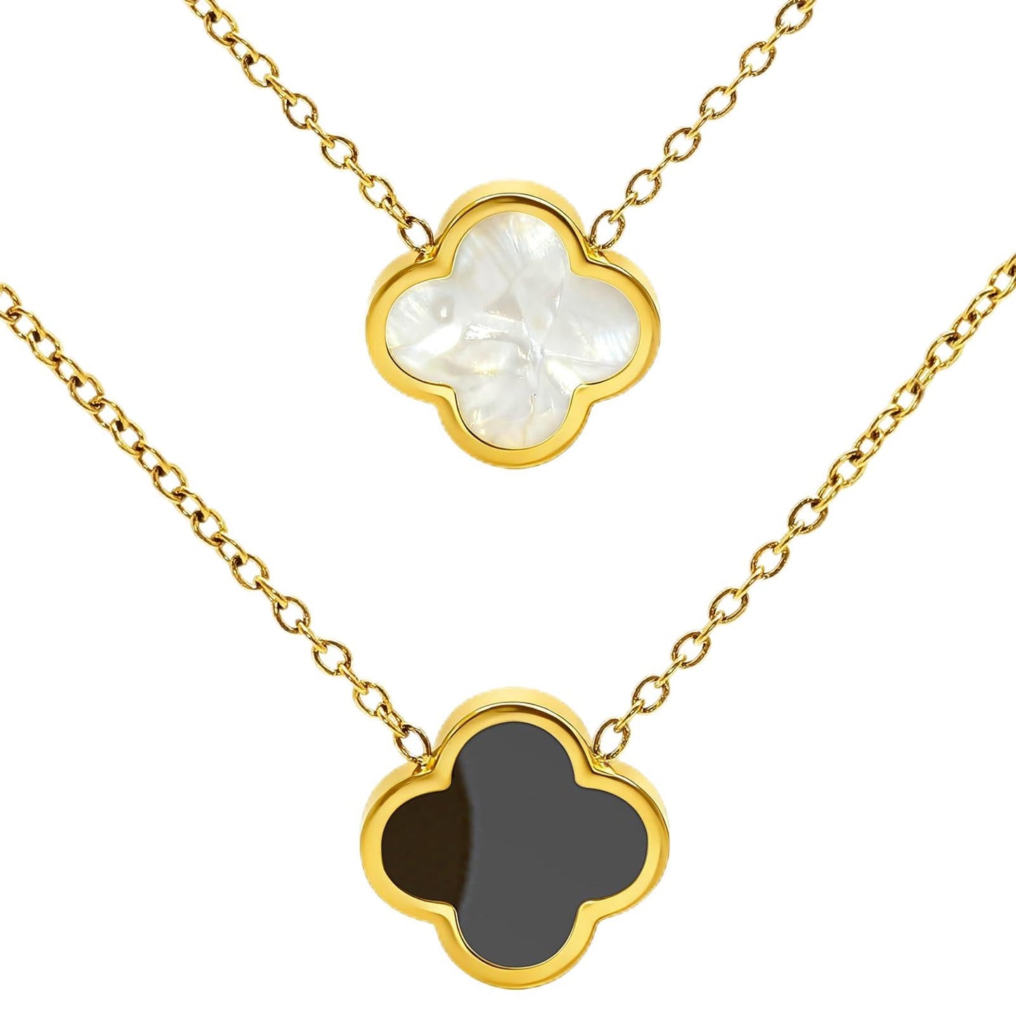 Aimétte Monette 18K Gold Plated Necklaces for Women, Dainty Lucky Four Leaf Clover Gold Necklace Set Clover Charm Necklace, Fashion Jewelry Gifts for Women Black and White