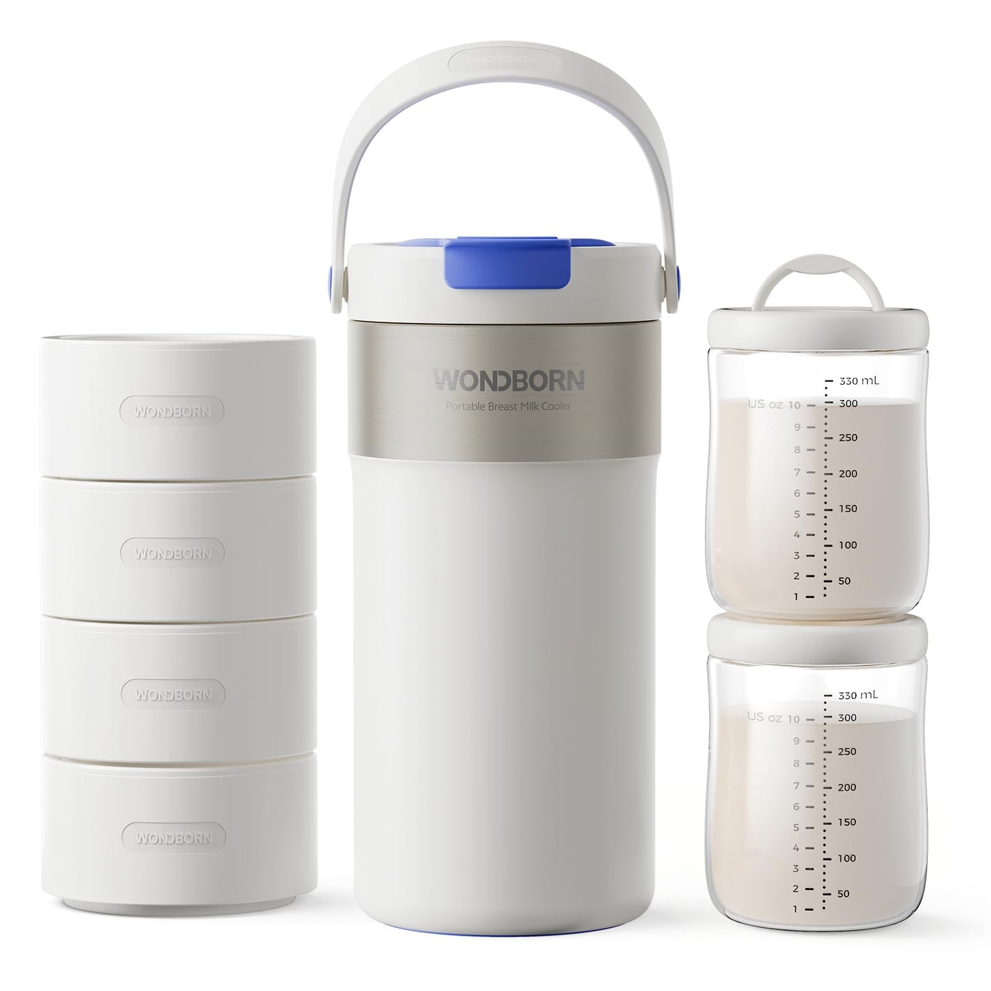 WONDBORN Portable Breast Milk Cooler, 4 Ice Rings, 360°Cooling with Vacuum Lid, Safe Chill for 30H+, 22oz Large Capacity with 2 Bottles, Rapid Chill to 40℉, Extra Wide Opening, Ideal for Work & Travel