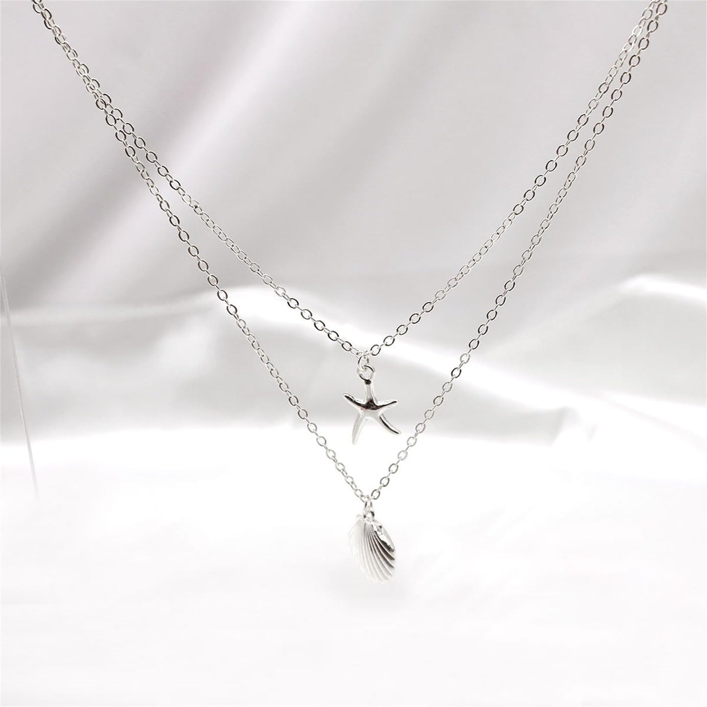 Boho Starfish Seashell Layered Necklace Gold Silver Plated Dainty Charm Double Layer Sea Shell Lucky Stars Ocean Animal Chain Necklace for Women Hawaiian Summer Beach Vacation Jewelry Gifts (Silver)