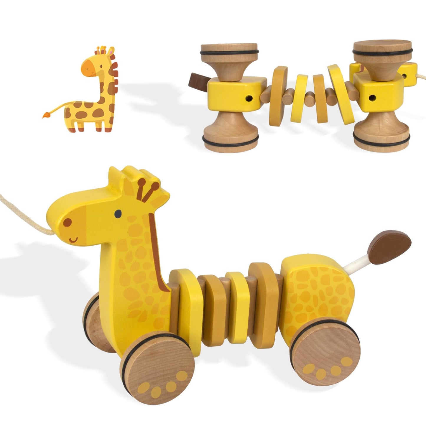 WoodenEdu Baby Toys Car,Wooden Pull Along Toddler Toy, Developmental Toy for 1 Year Old Girl Boy Birthday Gift (Giraffe)