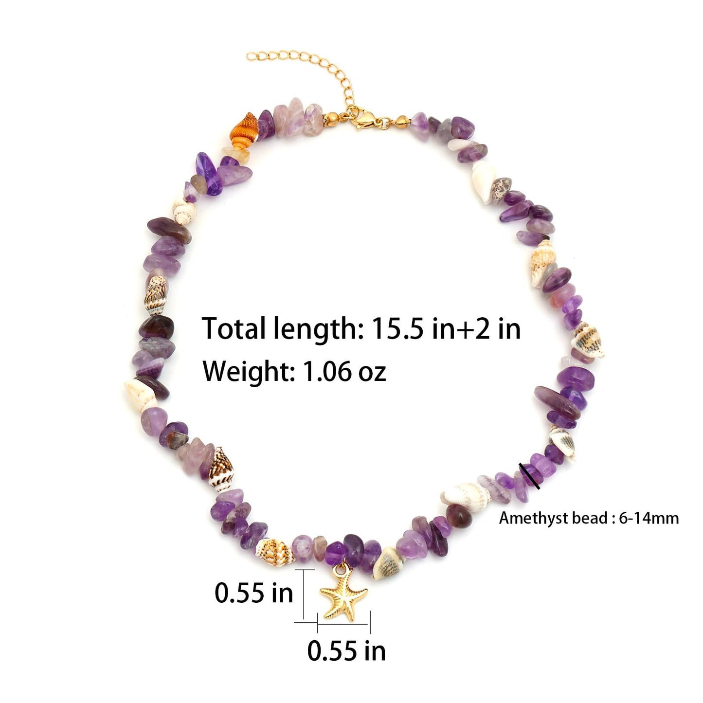 Amethyst Necklace for Women, 14K Gold Plated Dainty Starfish Natural Amethyst Crystal Beaded Necklaces Waterproof Handmade Beach Summer Boho Choker Bead Ocean Beachy Vacation Necklace for Women