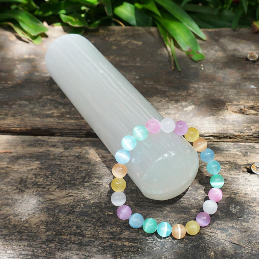 TaHLga 8mm Rainbow Selenite Bracelet - Iridescent Natural Crystal | Handmade Meditation Bracelet with Cat-Eye Effect | Come with Beading Tool Kit - Adjustable to 6.5-7.5 inches Wrist Size