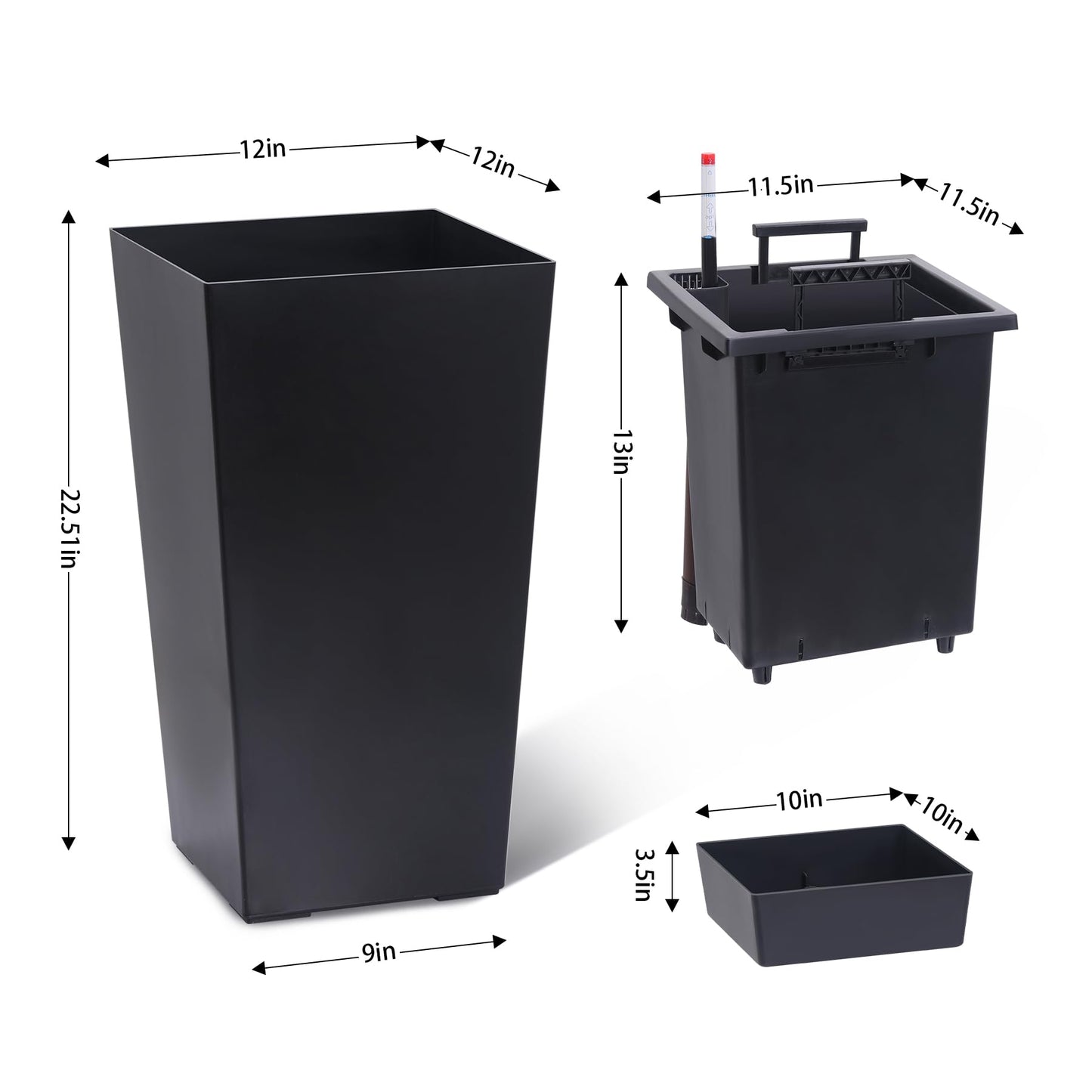 ExploreHorizon 22.5" Tall Planters Set of 2, Outdoor & Indoor Planter Pots for Front Porch and Patio, Automatic Watering Garden Planters with Water Level Monitor, Inner Bucket & Drainage Holes，Black
