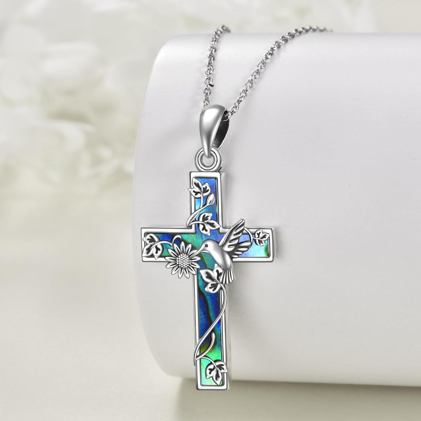 YFN Sunflower Cross Necklace Sterling Silver Hummingbird Cross Pendant Abalone Shell Jewelry Religious Christian Baptism Gifts for Her Women