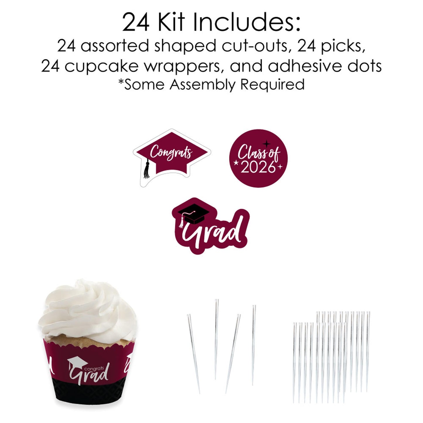 Big Dot of Happiness 2026 Maroon Graduation Cupcake Decoration - Party Cupcake Wrappers and Treat Picks Kit - Set of 24