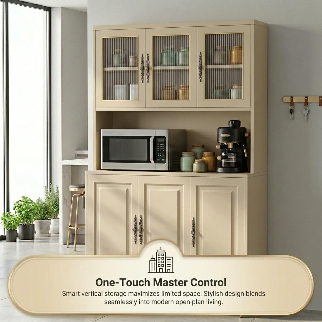 AUN Pantry Cabinet with Charging Station - 68" Multi-Scene Storage Cabinet for Kitchen, Coffee Bar, Dining Room | Adjustable Shelves & Soft-Close Doors,Beige