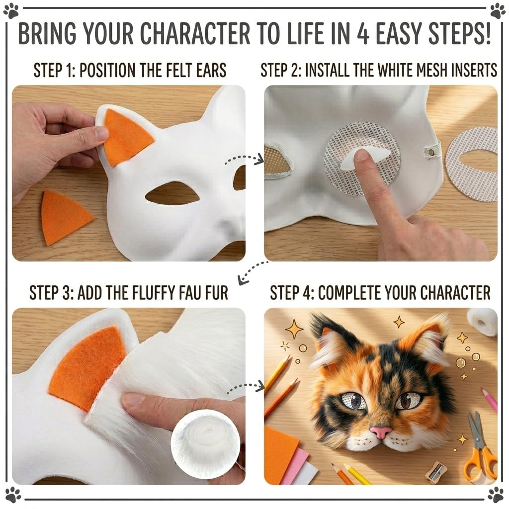 TherianMask 37 Pcs Therian Mask Kit White Cat Masks DIY to Paint Furry Animal Mask Therian Gear Therian Stuff for Halloween Masquerade Cosplay Party (C)