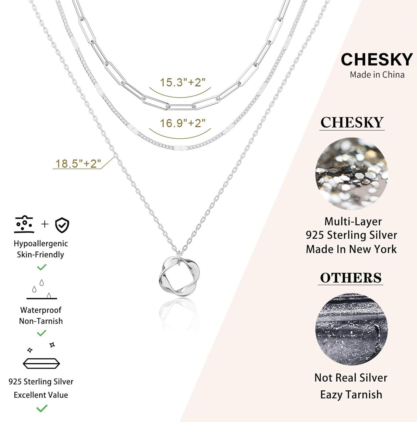 CHESKY Layered Silver Necklaces for Women Trendy, Silver Plated Dainty Stackable Charm Necklaces for Womens Layering Paperclip Chain Diamond Pendant Necklaces Jewelry Set for Women Gifts