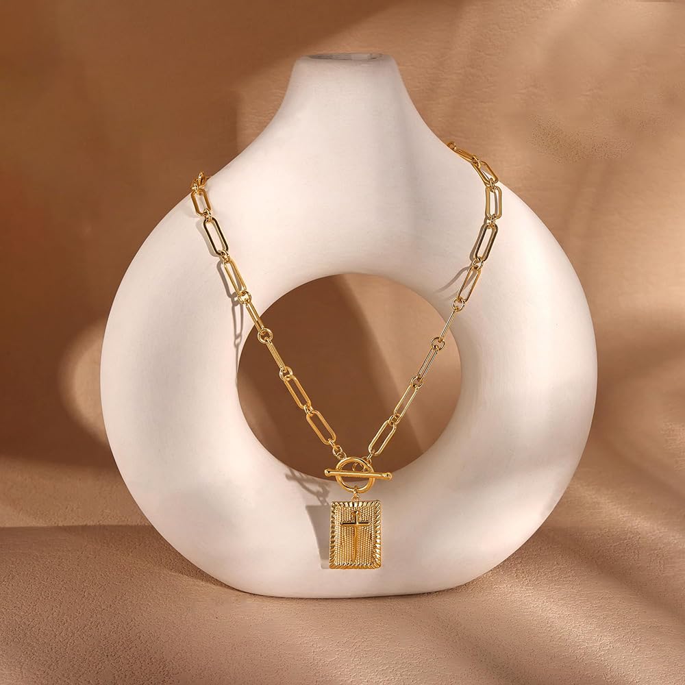 Hclian Gold Cross Pendant Necklace for Women 14K Gold Plated Paperclip Chain Choker with Toggle Clasp, Dainty Religious Statement Jewelry