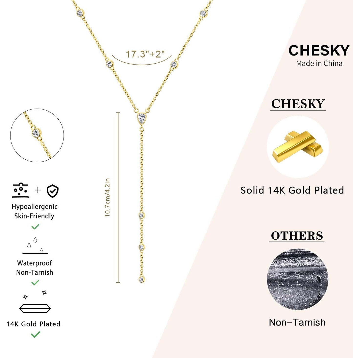 CHESKY Lariat Gold Necklace for Women, Dainty Long Necklace 14k Gold Plated Y-Shaped Pendant Necklace Trendy Layered Waterdrop Cubiz Zircon Drop Necklaces Simple Gold Jewelry for Women Gifts