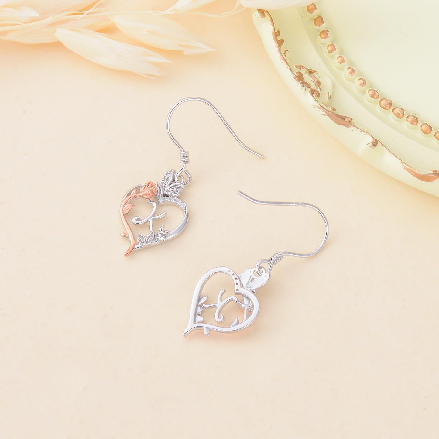 TOUPOP Rose Heart Initial Earrings Sterling Silver Butterfly Earring Initial K Letter Drop Dangle Earrings Jewelry Anniversary Birthday Mothers Day Gifts for Women Mom Wife Girlfriend Her