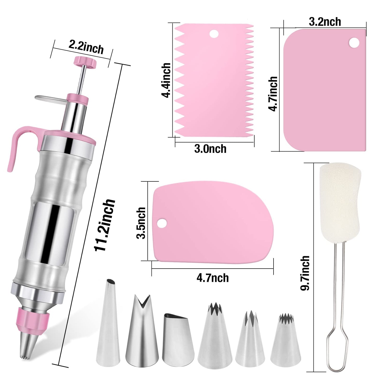 Dualshine Pink Cake Decorating Kit - 6 Russian Piping Icing Nozzles, 3 Cream Scrapers, Stainless Steel Cupcake Frosting Filling Injector