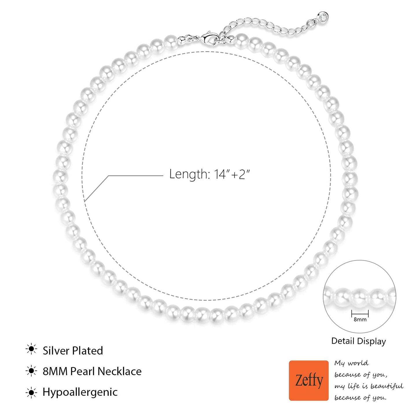 Zeffy Pearl Necklace for Women, 8MM Dainty Round Imitation Pearl Choker Wedding Delicate Jewelry for Women Simple Bridesmaid Jewelry Gifts