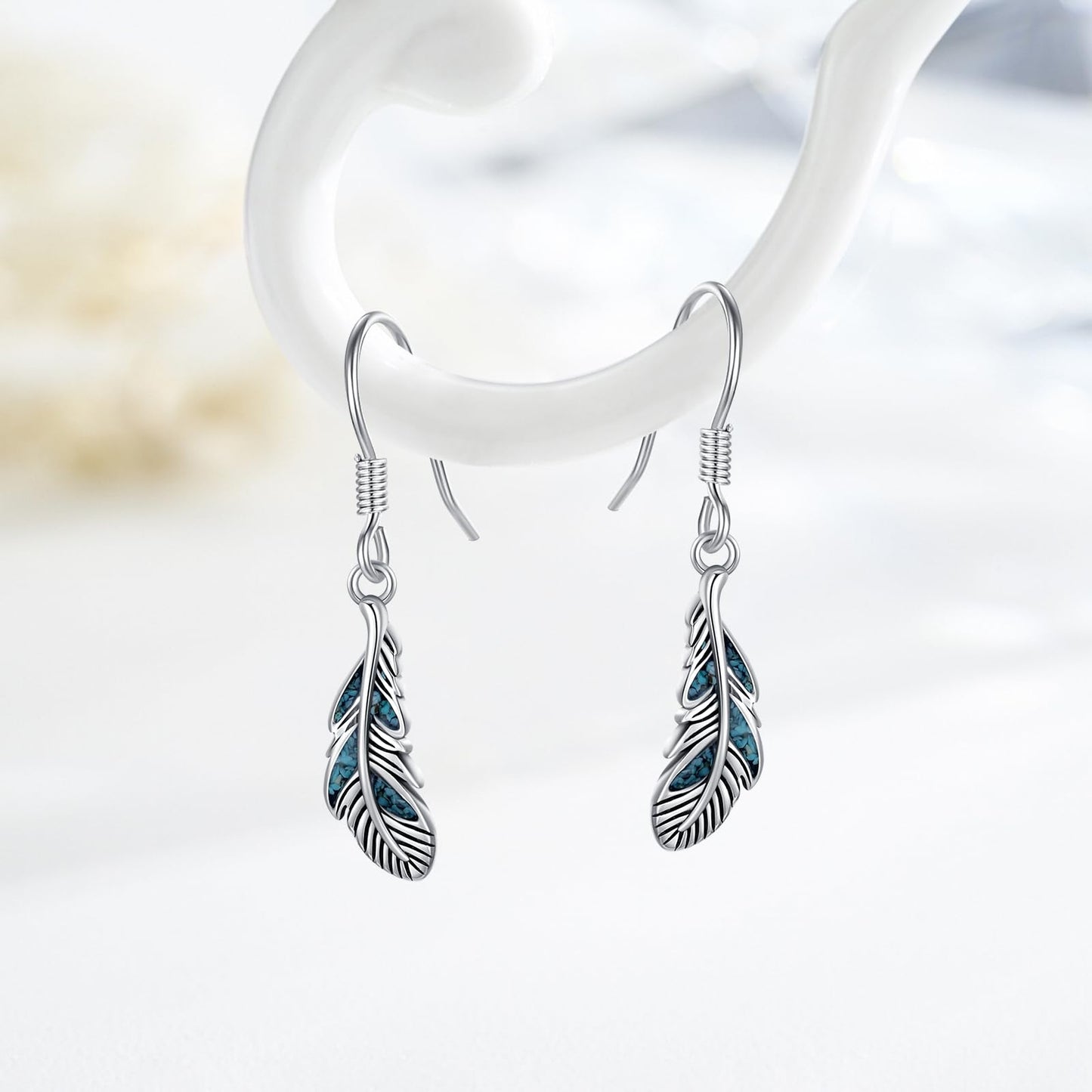 KoyeKei Turquoise Feather Earrings 925 Sterling Silver Feather Dangle Drop Earrings Western Jewelry Country Christmas Graduation Gifts for Women Her