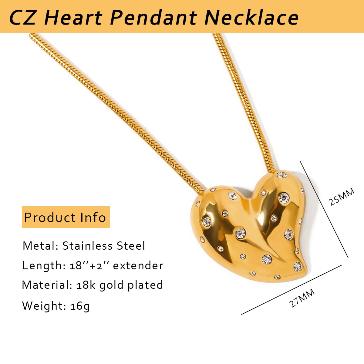 NUZON 18K Gold Plated Micro-pave CZ Heart Pendant Necklace for Women Chunky Charm Peach Heart Shaped Crystal Necklace Trendy Statement Jewelry 18’’