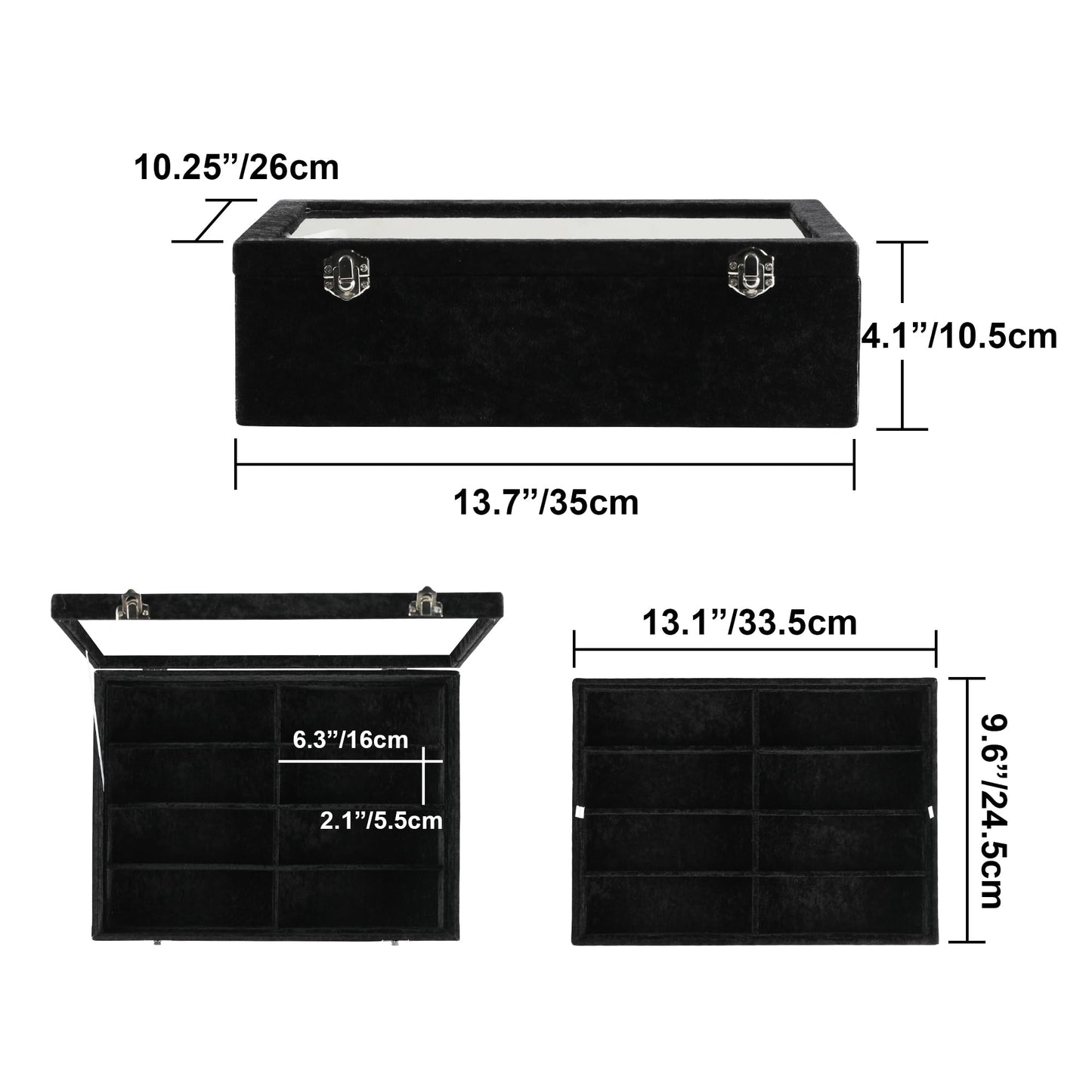 Frebeauty 16 Slots Sunglasses Organizer,2 Layer Velvet Sunglasses Tray with Glass Lid,Multiple Pairs Sunglass Display Case for Man or Woman,13.7 * 10.25 * 4.1 Inches Eyeglass/Eyewear Box (Black)