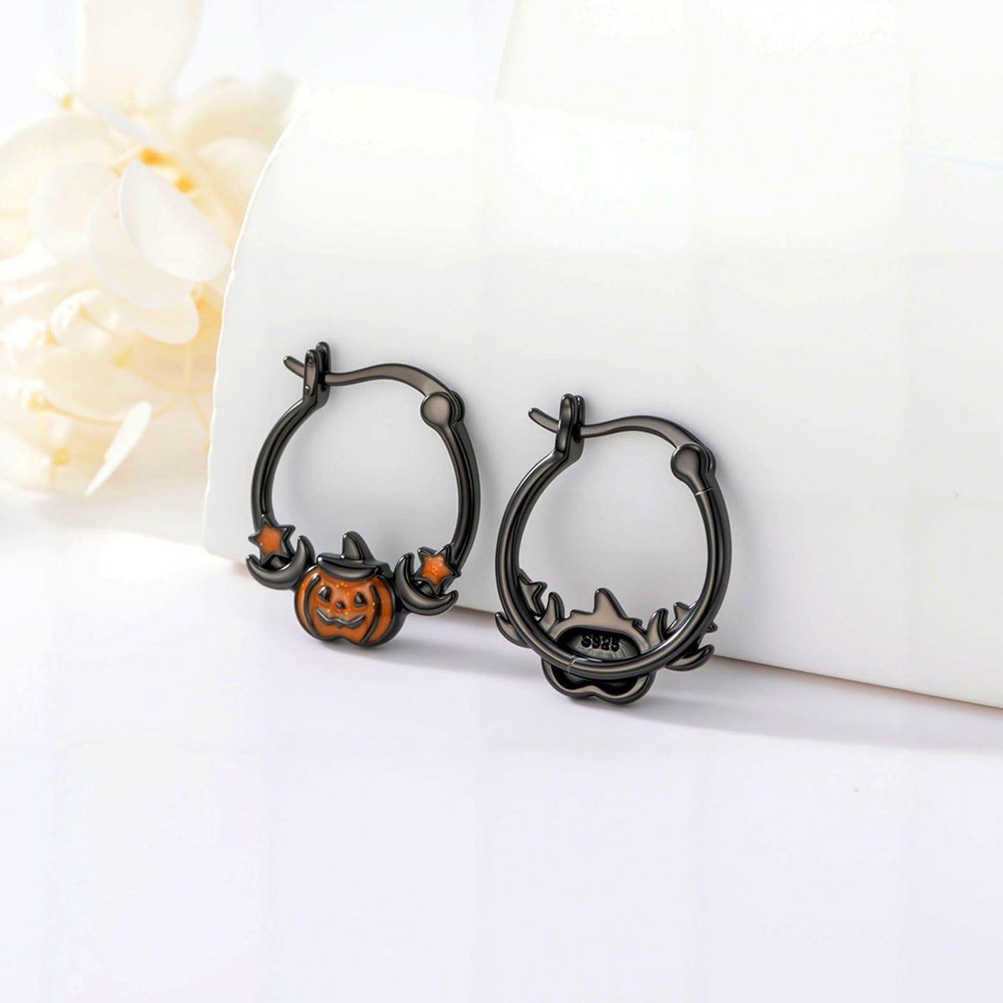 Halloween Earrings 925 Sterling Silver Black Pumpkin Earrings Gothic Hoop Earrings Jewelry Gifts for Women Daughter