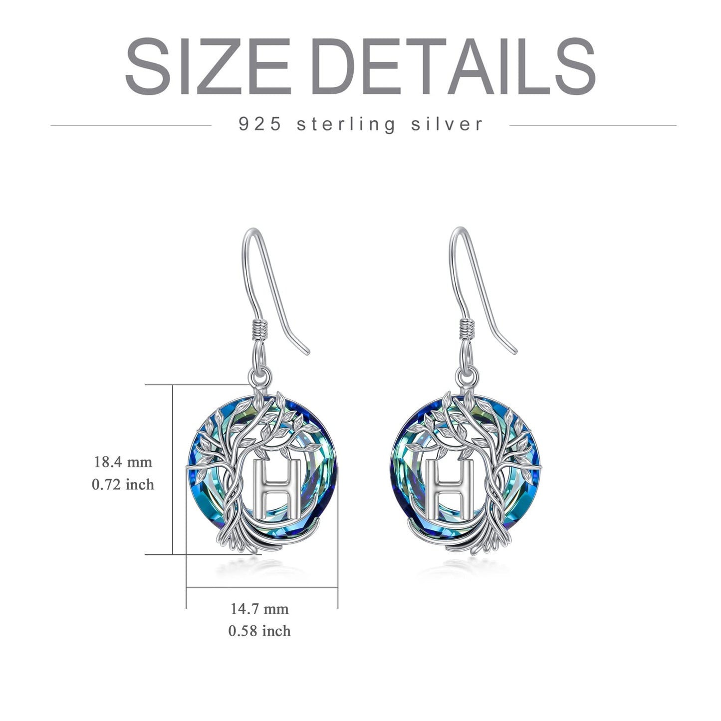 TOUPOP Tree of Life Initial Earrings Sterling Silver Initial H Letter Drop Dangle Earrings Blue Circle Crystal Family Tree Jewelry Birthday Mothers Day Gifts for Women Mom Her