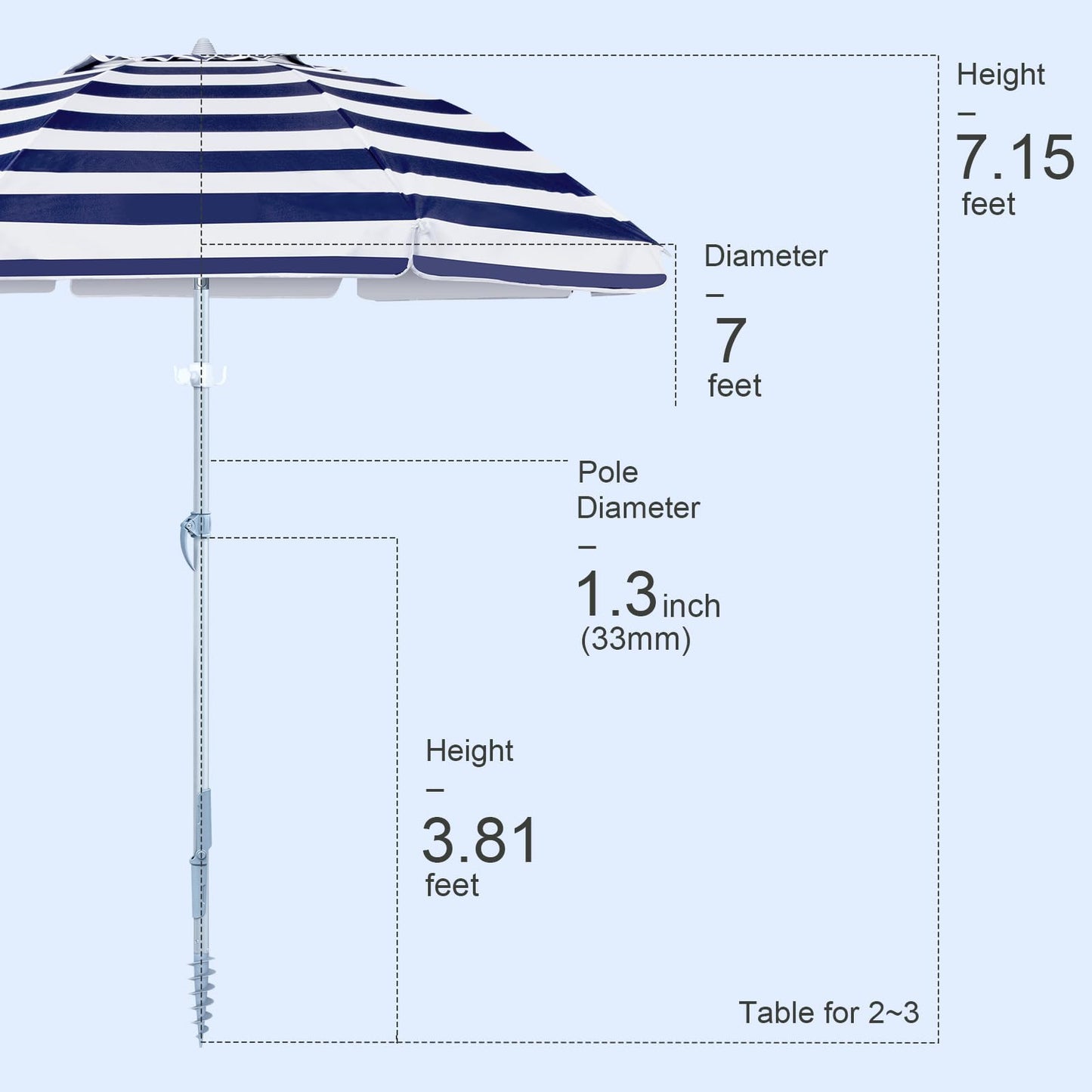 Tempera Heavy Duty High Wind Beach Umbrella with Sand Anchor & Carry Bag | Patio Outdoor Umbrella with Aluminum Frame and Push Button Tilt, Ideal for Garden Lawn, UPF 60+, Blue White Stripe