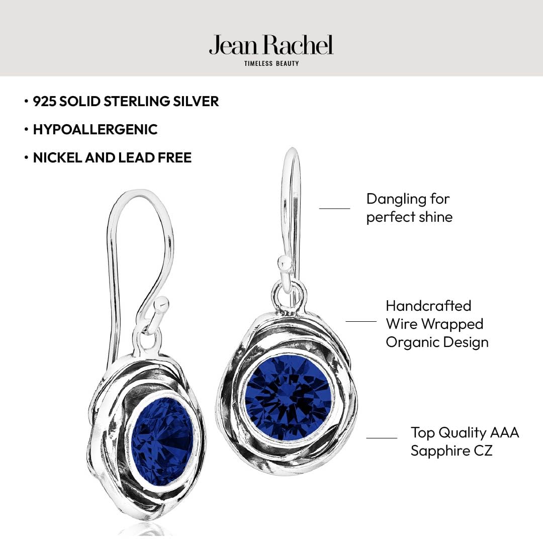 JEAN RACHEL JEWELRY 925 Sterling Silver Dangle Earrings for Women - Wire Wrap with Bezel Set Cubic Zirconia Vintage Design - Hypoallergenic, Lead & Nickel Free - Artisan Handcrafted Statement Earrings (Sapphire CZ)