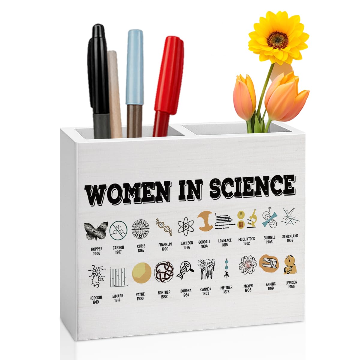 Women in Science Pencil Holder Decor Science Teacher Gifts Chemistry Theme Wooden Organizer Vase for Office Home Desk Table Teacher Appreciation Gifts for Office