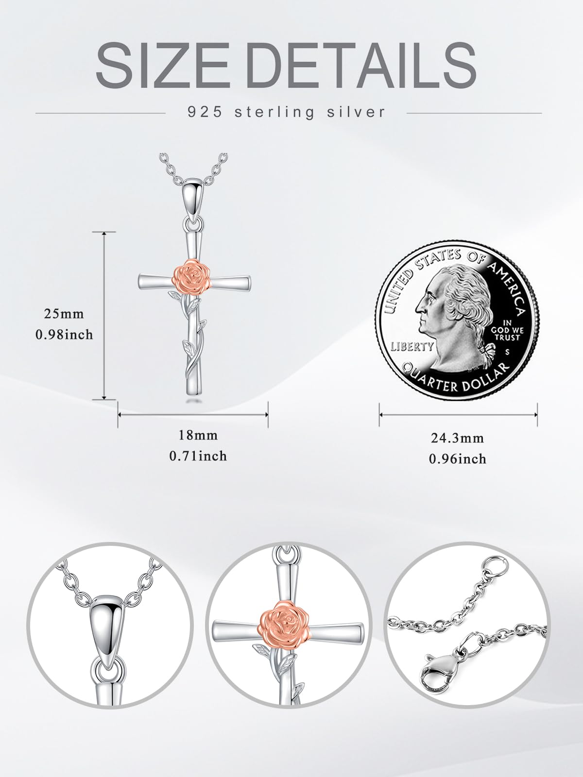 Cargari Rose Necklace for Women 925 Sterling Silver Rose Cross Pendant Birth Flower Cross Jewelry Floral Gifts for Women