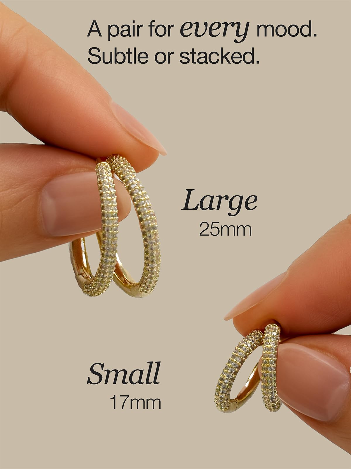 Altitude Boutique CZ Pave Huggie Hoop Earrings | 14K Gold-Plated or Rhodium-Plated | 4-Row Cubic Zirconia Hoops in 17mm or 25mm | Hypoallergenic Modern Statement Hoop Earrings for Women (Silver, 25mm)