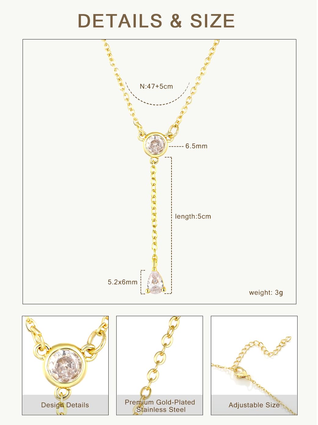 LUXU kisskids Gold Pendant Necklace for Women, Dainty Lariat Y-Shaped Chain, Stainless Steel CZ Drop Chain Adjustable Hypoallergenic Jewelry Gift