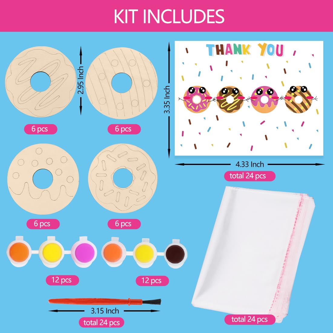 Jekocet ㅤ Sweet Donut Party Decorations 24 Pcs Wooden Donut Craft Kits to Paint with Thanks Card Donut Party Favors