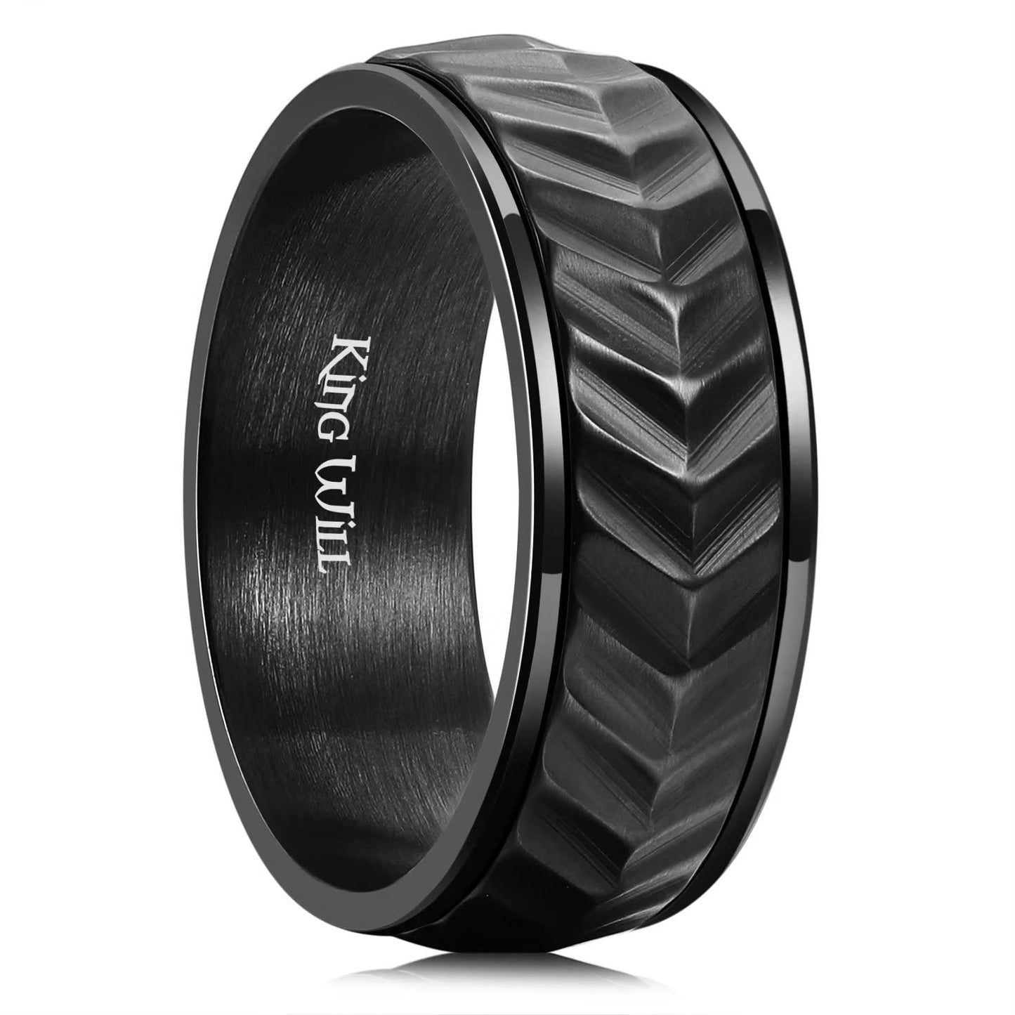 King Will Mens Black 8mm Spinner Rings Tire Stripe Groove Stainless Steel Anxiety Fidget Ring for Men 7