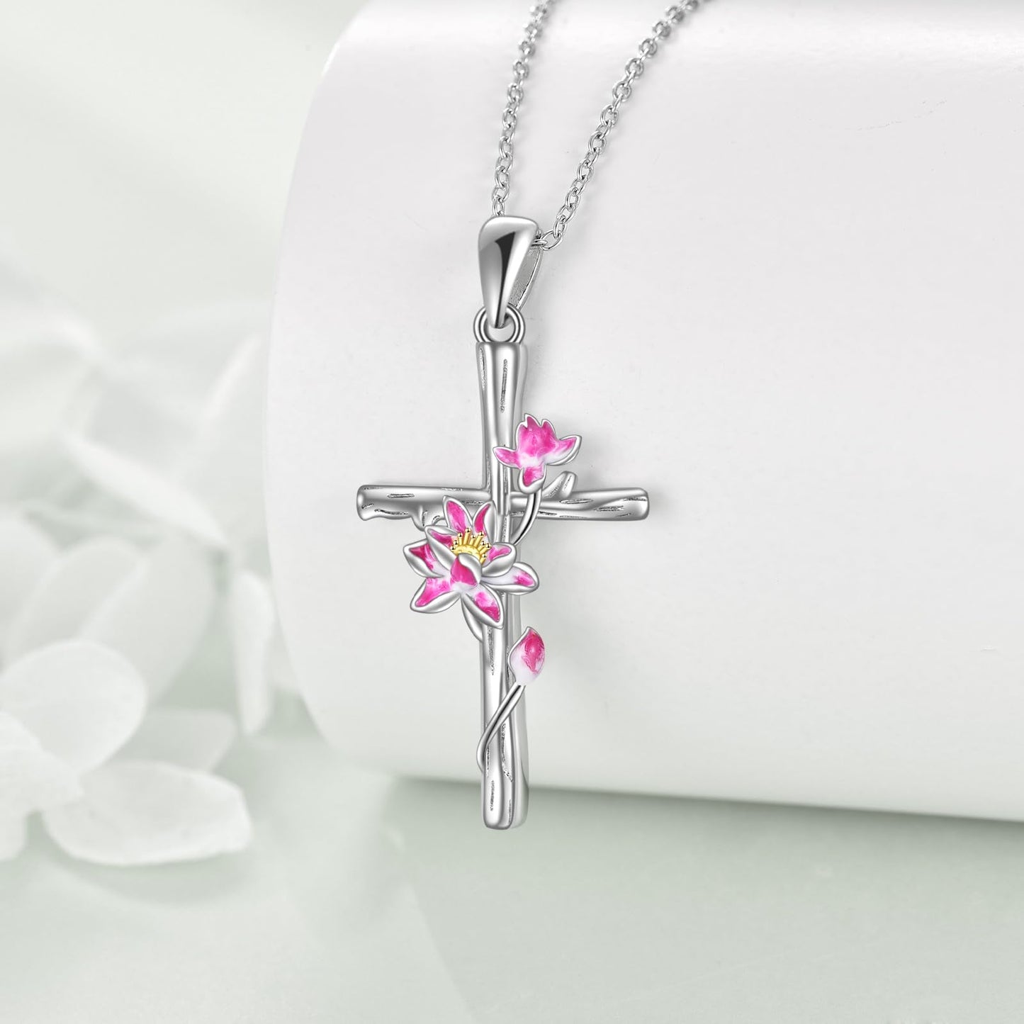 Women Cross Necklace Sterling Silver Lotus Flower Cross Pendant Necklace Jewelry Gifts July Birth Flower Necklace