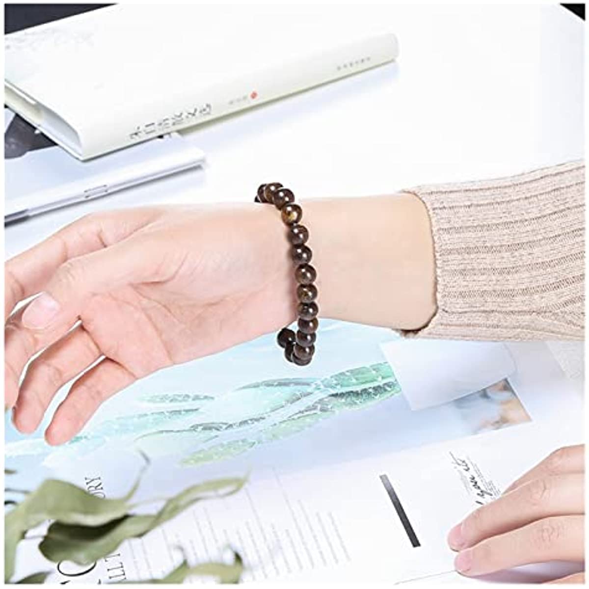 MetJakt Healing Crystals Beaded Bracelets for Womens Natural Gemstone 8mm Beads Stretch Bracelets with 925 Sterling Silver Double Happiness Pendant (Bronzite)