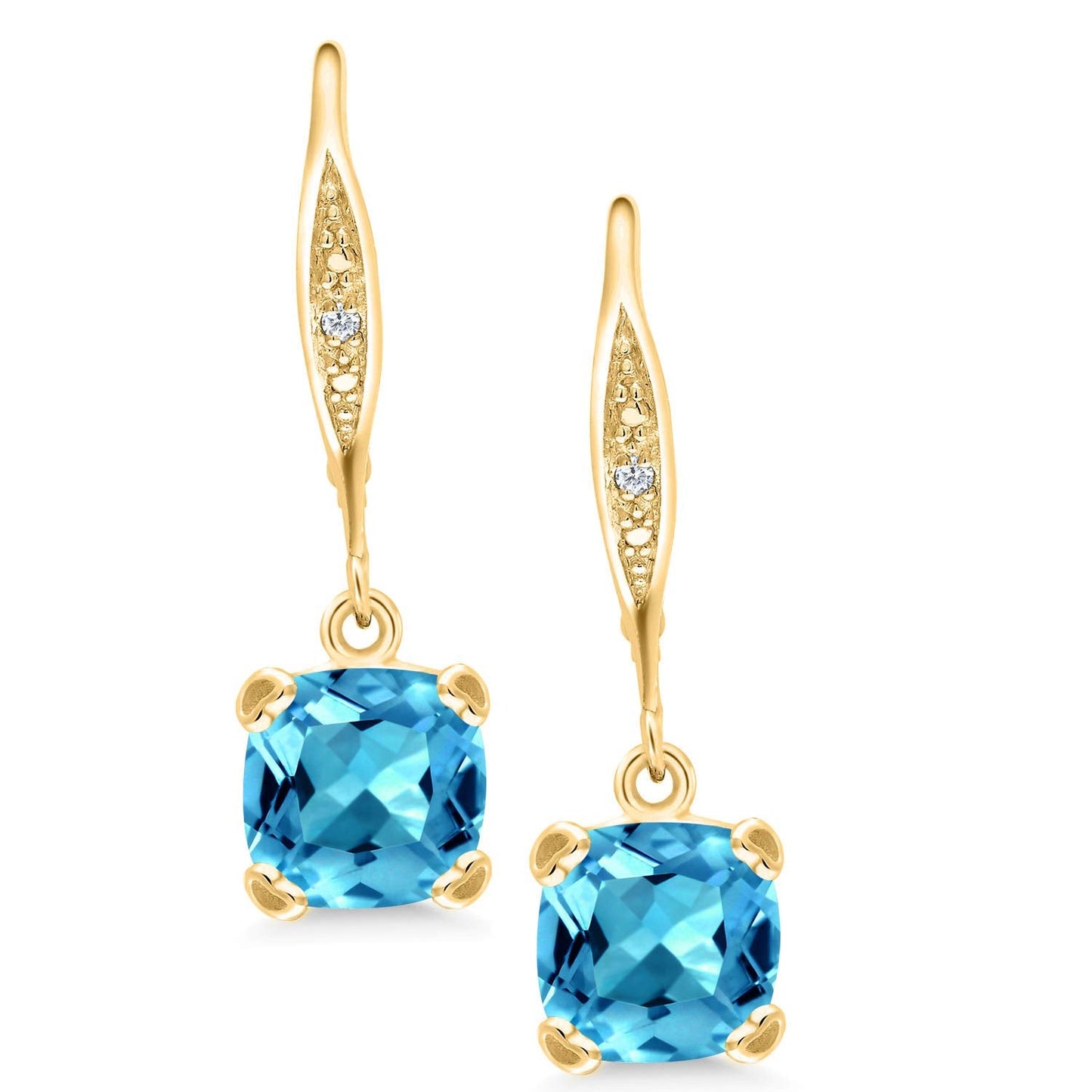 Gem Stone King Drop Dangle Earrings For Women | 7MM Cushion Cut Gemstone Birthstone and Diamond | 925 Sterling Silver | Jewelry Gift for Mom Wife Her | Swiss Blue Topaz-November | Yellow Gold