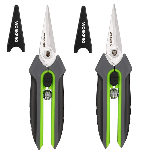 WORKPRO 2 Pack Garden Pruning Shears with Sheath, 6.5” Small Hand Pruners/Snips/Clippers- Spring Loaded & Precision Straight Blades, Microgreen Trimming Scissors for Flowers, Weeds, Indoors Bonsai