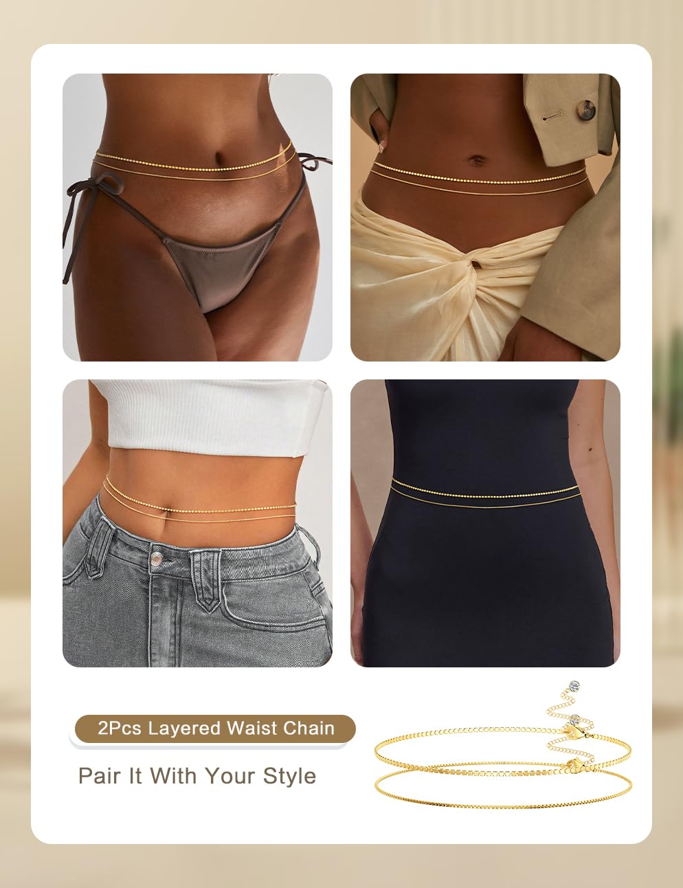 HABIKIP 14K Gold Plated Waist Chain for Women, 2PCS Dainty Layered Boho Gold Plated Belly Chain Belt Sexy Bikini Beach Box Waist Chain Adjustable Waterproof Body Chain Jewelry Accessories for Women